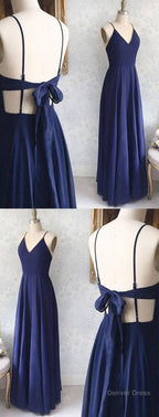 Great Evening Dresses, Backless Sexy Spaghetti Straps Backless Navy Blue Chiffon A Line Floor Length Prom Dress