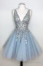 Princess Silver Sequins And Light Sky Blue Short Homecoming Dresses