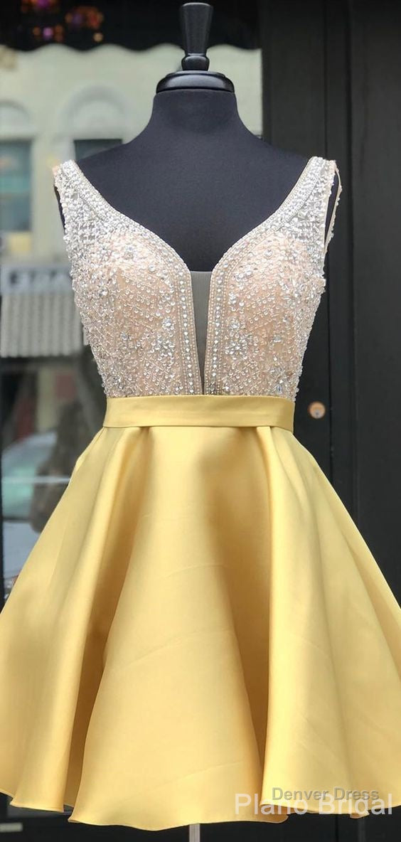 V Neck Beaded Satin Homecoming Dresses With Pocket Secondary image