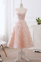 pink lace round neck tea length prom Dress lace Prom Dresses