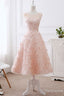 pink lace round neck tea length prom Dress lace Prom Dresses