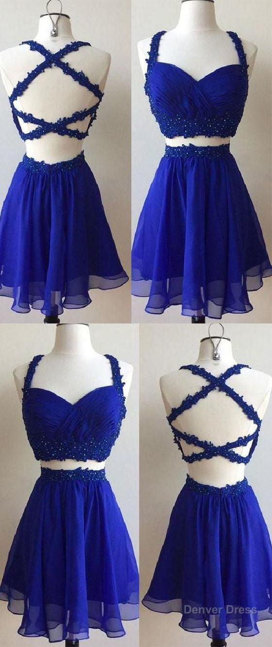 Cute Homecoming Dress, Blue Two Pieces Lace Short Prom Dress, Cute Homecoming Dresses