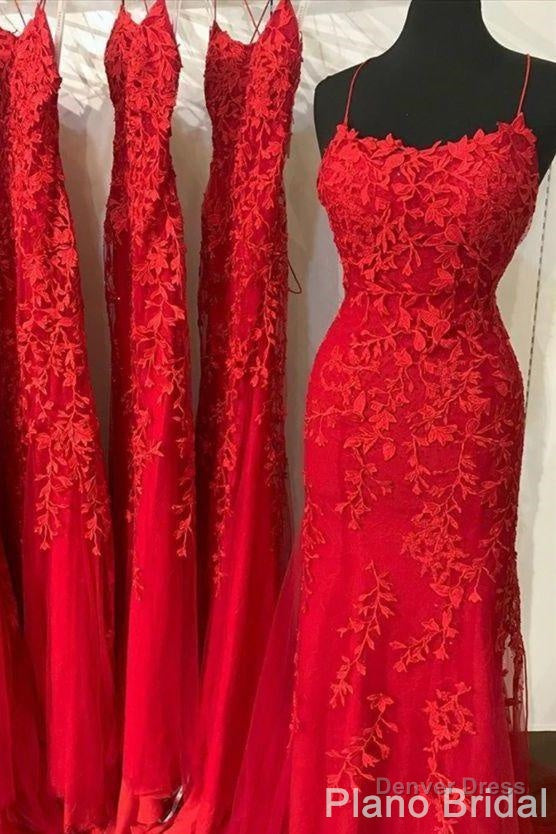 Red Lace Prom Dresses, Mermaid Long Prom Dresses, Cheap Evening Party Dresses, For Women Secondary image