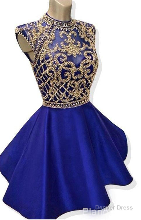 Blue Homecoming Dress, Royal Blue Beaded Homecoming Dresses