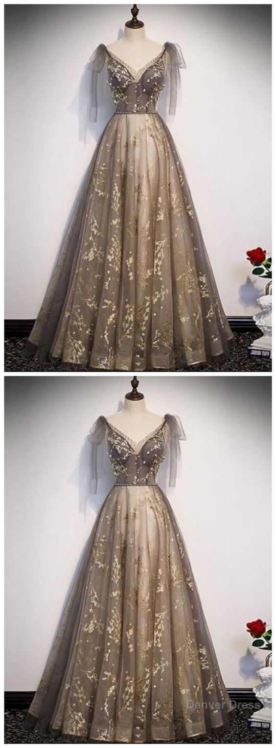 Elegant V Neck Gray Gold Tulle Lace Long Prom Dress, Tulle Formal Dress Main image