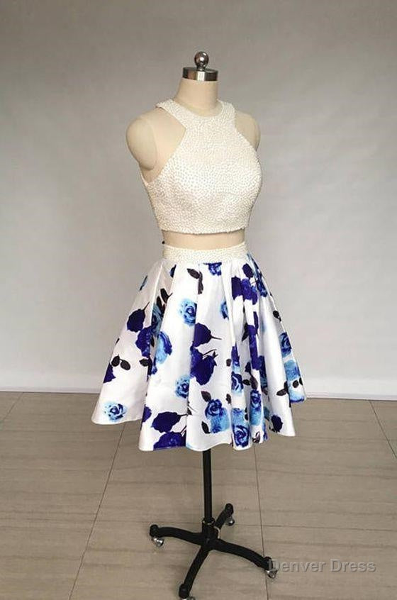 Two Piece Ivory Jewel Floral Print Satin Short Homecoming Dresses With Pearls Main image