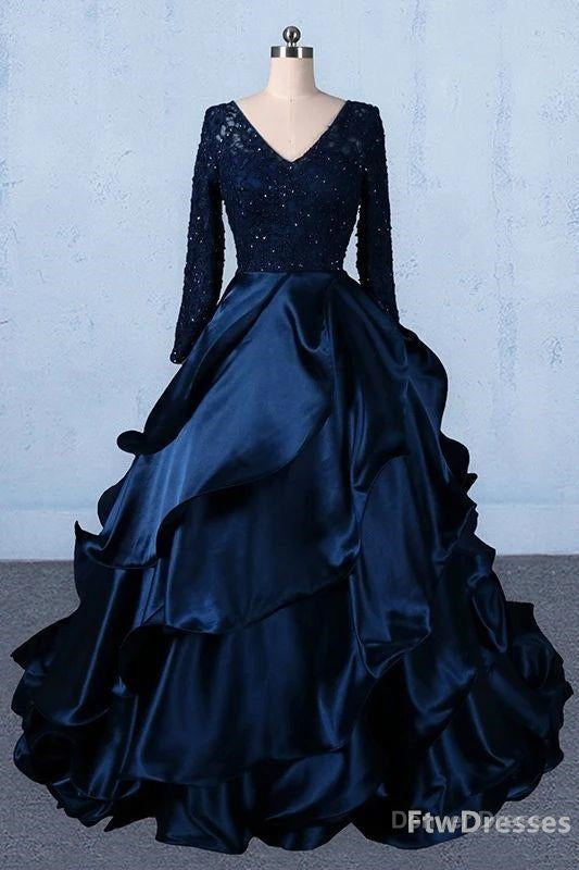 formal v neck beading lace satin backless ball gown prom dresses with sleeves Main image