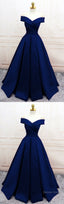 Navy Blue Satin V Neck Off Shoulder Prom Dresses, Long Evening Gowns