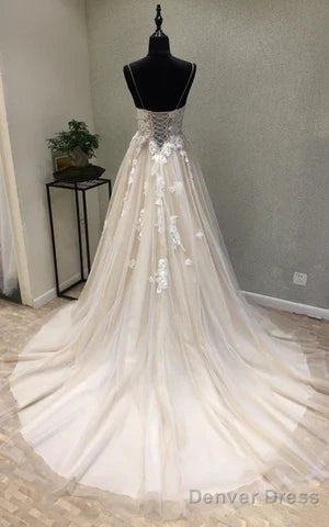 Garden Style Tulle Spaghetti Sleeveless Corset Back Wedding Dress With Appliques Elegant