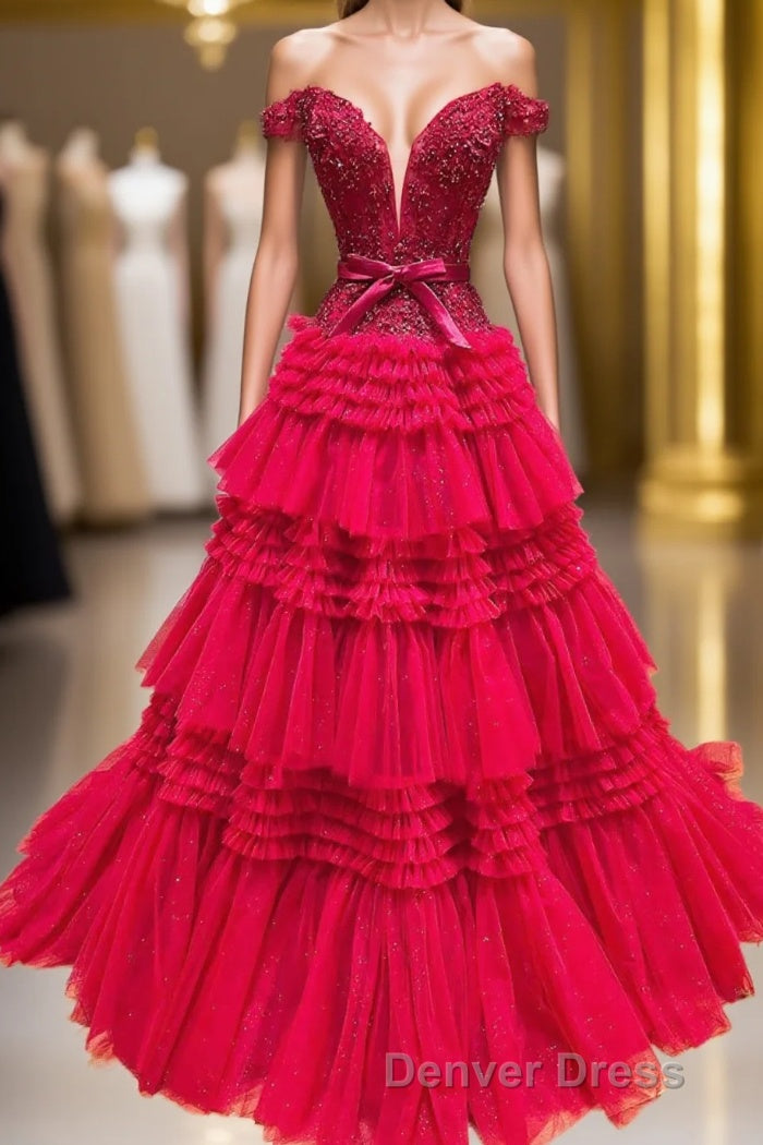 Off the Shoulder Red Appliques Tiered Long Formal Dresses Main image