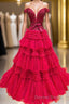 Off the Shoulder Red Appliques Tiered Long Prom Dresses