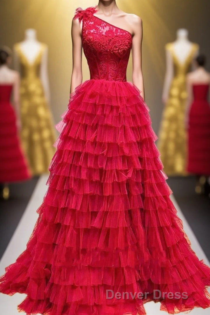 One Shoulder Lace and Tulle Tiered Ruffle Prom Dresses Main image