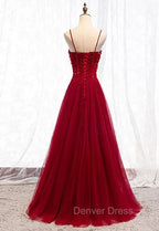 Gemgrace Burgundy Prom Dresses, Long Tulle Formal Dresses With Straps