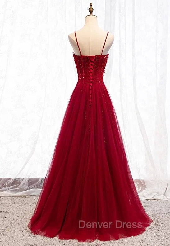 Gemgrace Burgundy Prom Dresses, Long Tulle Formal Dresses With Straps