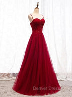 Gemgrace Burgundy Prom Dresses, Long Tulle Formal Dresses With Straps