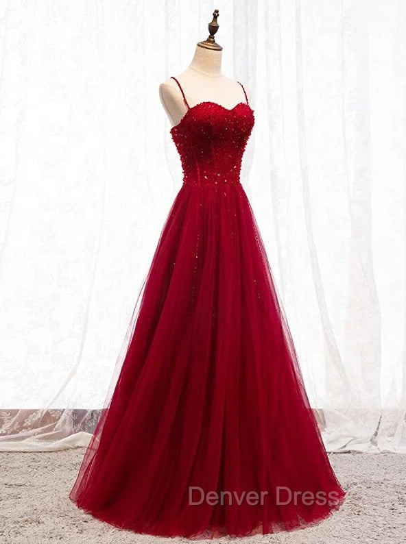 Gemgrace Burgundy Prom Dresses, Long Tulle Formal Dresses With Straps