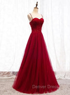 Gemgrace Burgundy Prom Dress, Long Tulle Prom Dresses With Straps
