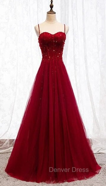 Gemgrace Burgundy Prom Dresses, Long Tulle Formal Dresses With Straps