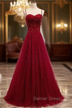 Gemgrace Burgundy Prom Dresses, Long Tulle Formal Dresses With Straps