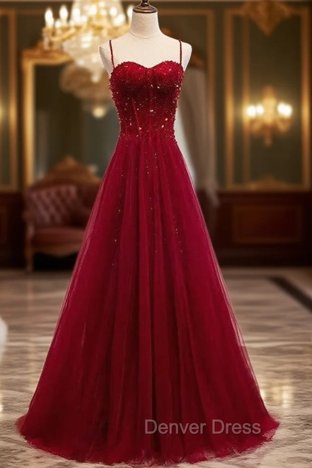 Gemgrace Burgundy Prom Dresses, Long Tulle Formal Dresses With Straps