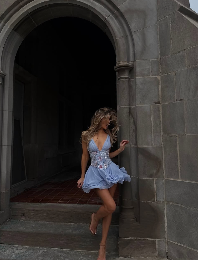 Gentle A Line V Neck Embroidery Satin Layered Blue Chiffon Homecoming Dress Birthday Dresses Secondary image