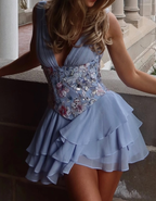 Gentle A Line V Neck Embroidery Satin Layered Blue Chiffon Homecoming Dress Birthday Dresses