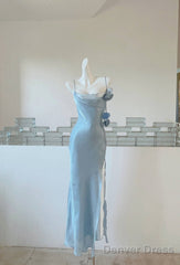 Gentle Blue Bodycon Dress Spaghetti Strap Chiffon Long Prom Dress Graduation Prom Dress