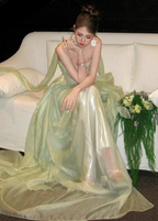 Gentle Light Green A-Line Strapless Layered Ruffled Tulle Train Prom Dresses Evening Dresses