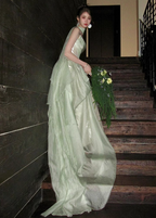 Gentle Light Green A-Line Strapless Layered Ruffled Tulle Train Prom Dresses Evening Dresses