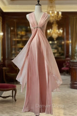 Gentle Pink Sheath Chiffon Ribbon V-Neck Simple Prom Dresses