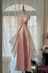 Gentle Pink Sheath Chiffon Ribbon V-Neck Simple Prom Dress