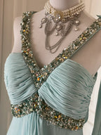 Gentle Tiffany Blue Chiffon V-Neck Beaded Sequin A-Line Long Prom Dresses Wedding Evening Dresses