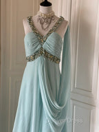 Gentle Tiffany Blue Chiffon V-Neck Beaded Sequin A-Line Long Prom Dresses Wedding Evening Dresses