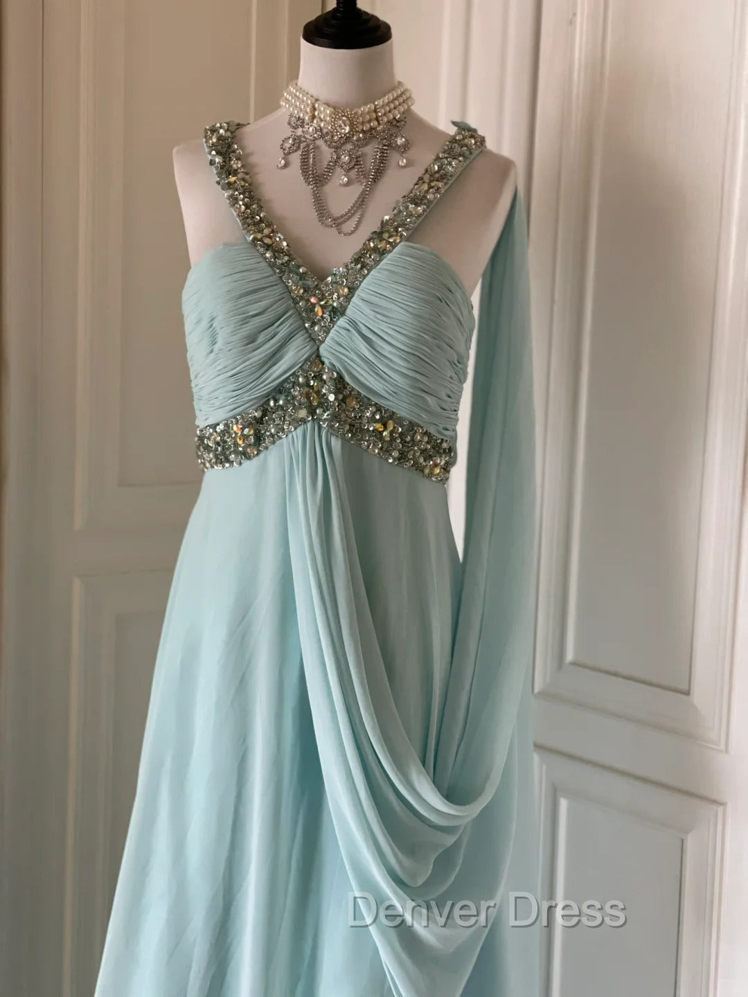 Gentle Tiffany Blue Chiffon V-Neck Beaded Sequin A-Line Long Prom Dresses Wedding Evening Dresses