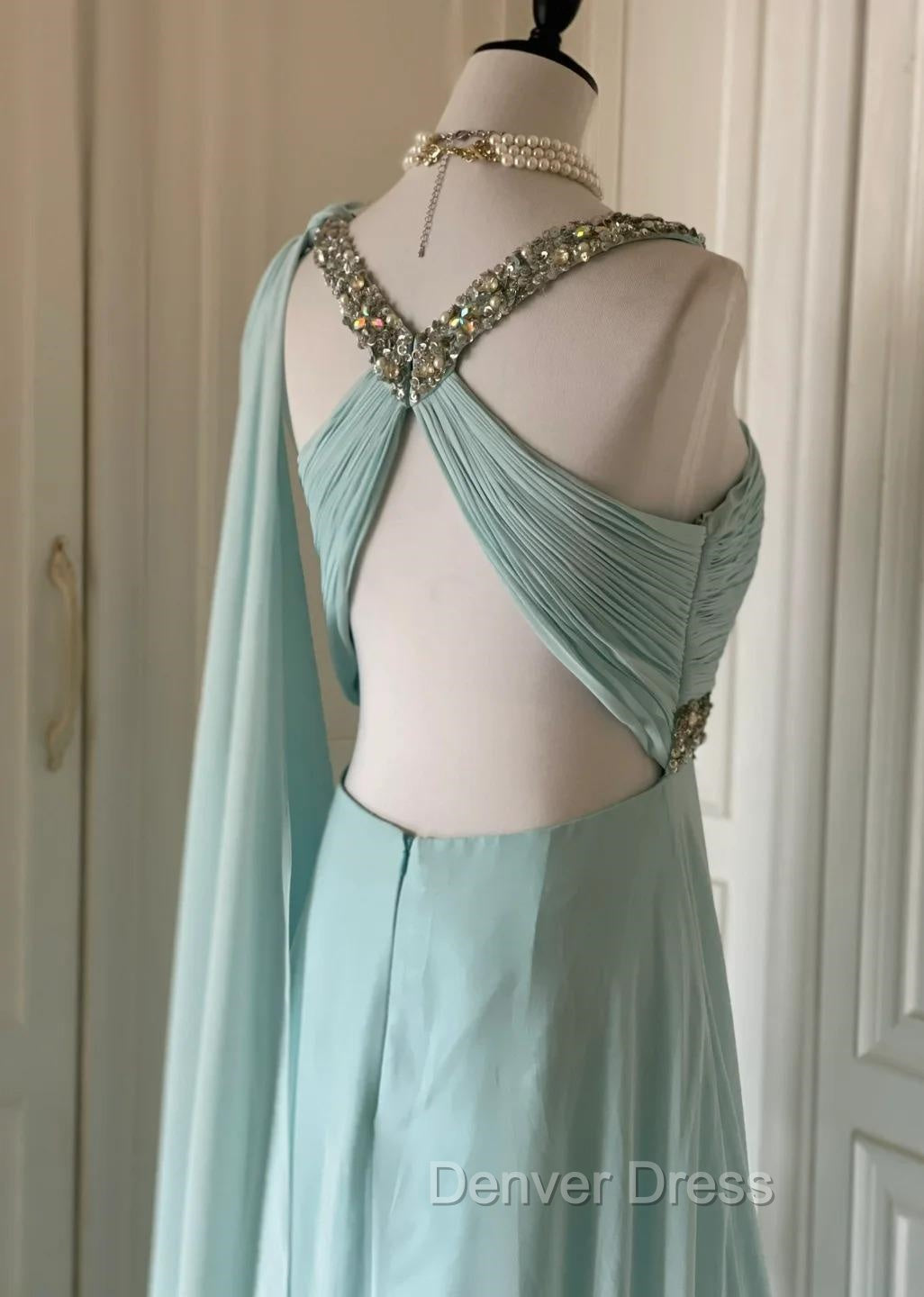 Gentle Tiffany Blue Chiffon V Neck Beaded Sequin A Line Long Prom Dress Wedding Prom Dresses