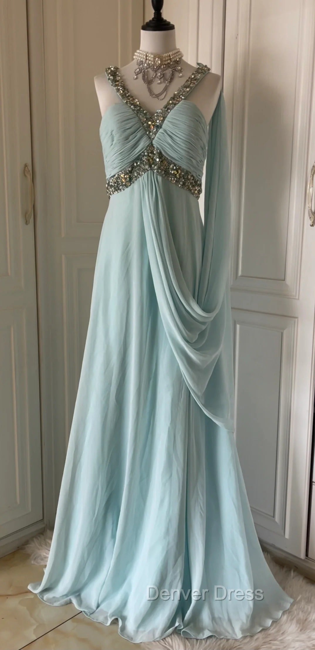 Gentle Tiffany Blue Chiffon V-Neck Beaded Sequin A-Line Long Prom Dresses Wedding Evening Dresses