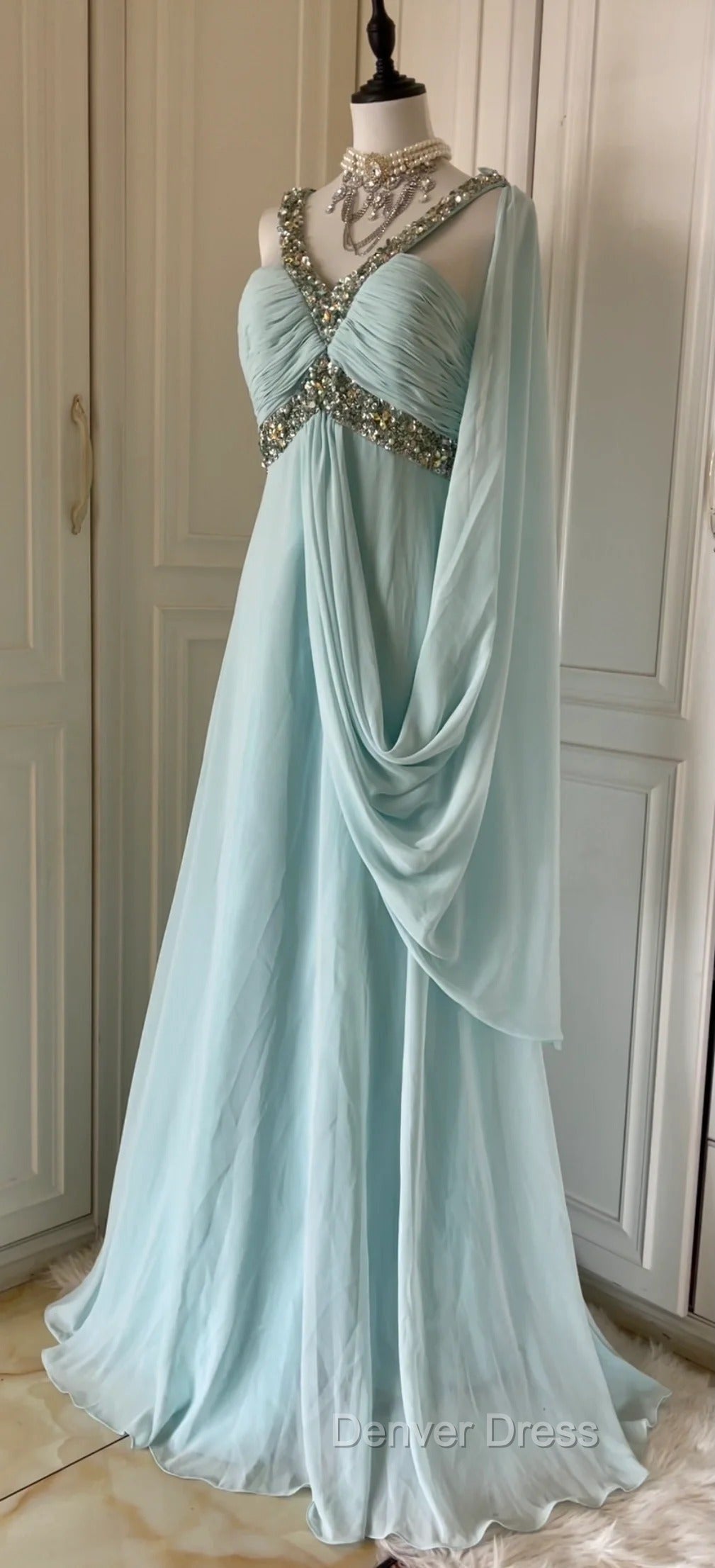 Gentle Tiffany Blue Chiffon V-Neck Beaded Sequin A-Line Long Prom Dresses Wedding Evening Dresses