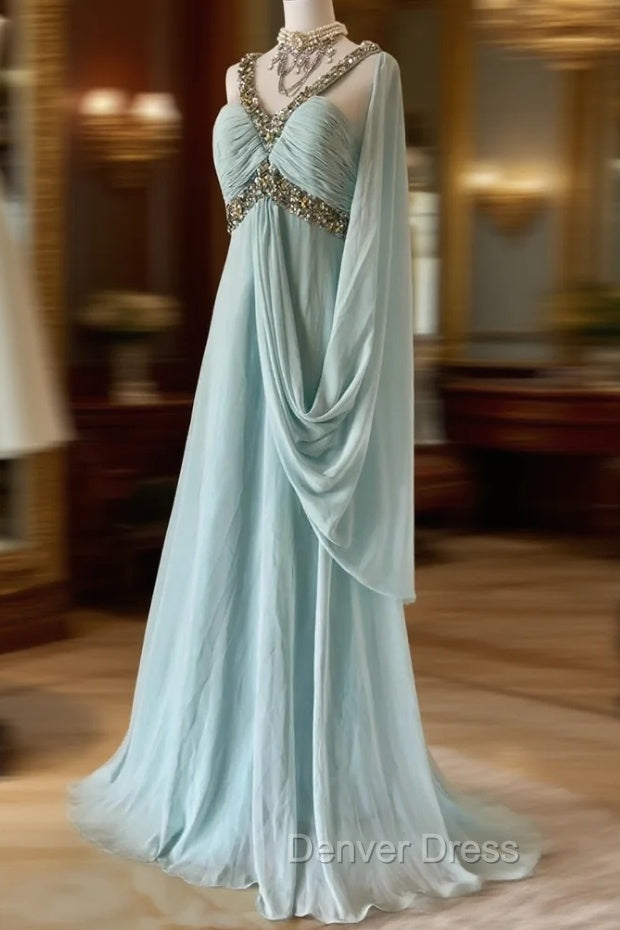 Gentle Tiffany Blue Chiffon V Neck Beaded Sequin A Line Long Prom Dress Wedding Prom Dresses