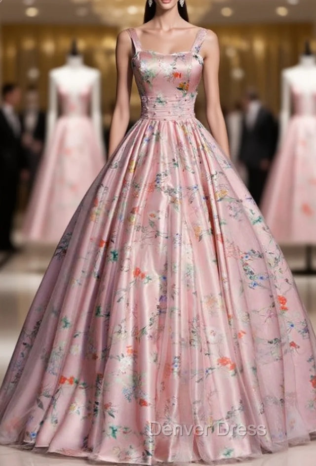 Get a Prom Ready Look Pink Satin Ball Gowns Print Straps Long Quinceanera Dresses