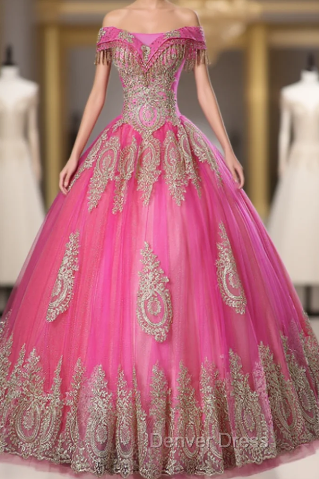 Get Your Discounts Fuchsia Ball Gowns Tulle Appliques Beading Off the Shoulder Quinceanera Dresses