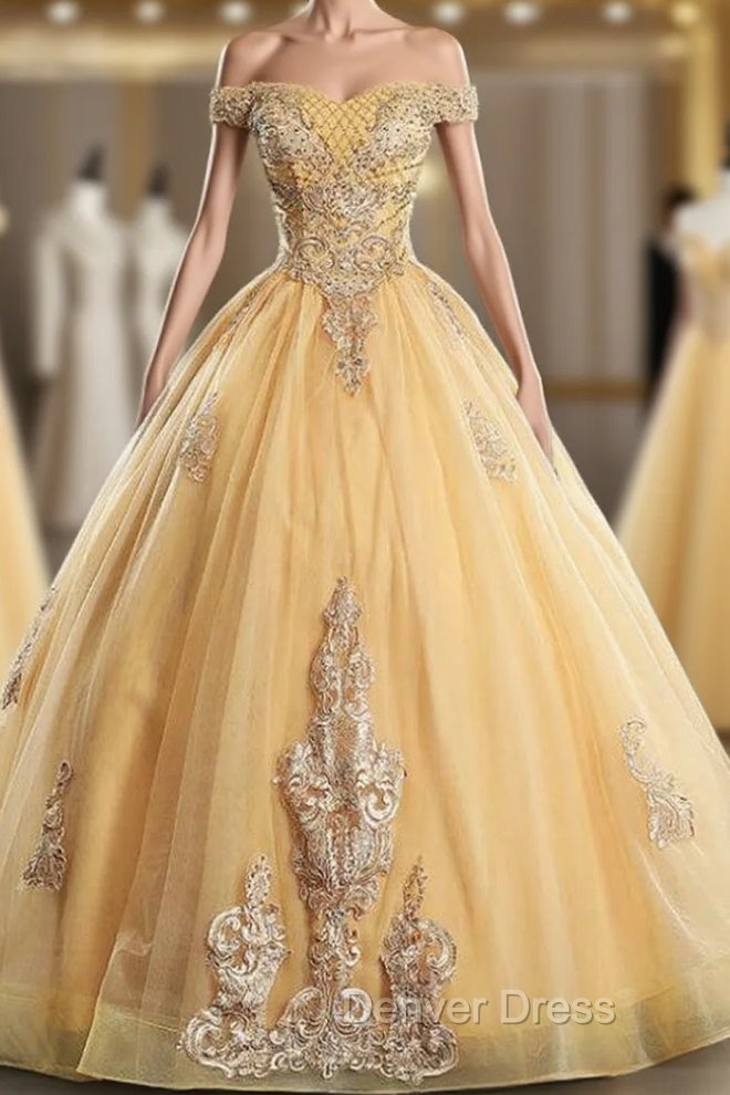 Get Your Discounts Gold Ball Gowns Tulle Appliques Beading Off the Shoulder Quinceanera Dresses