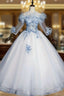 Get Your Discounts Light Ball Gowns Tulle Appliques 3 4 Sleeve Quinceanera Dresses