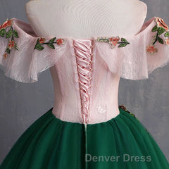 Green Off the Shoulder Floor Length Prom Dresses with Appliques, Puffy Quinceanera Dresses
