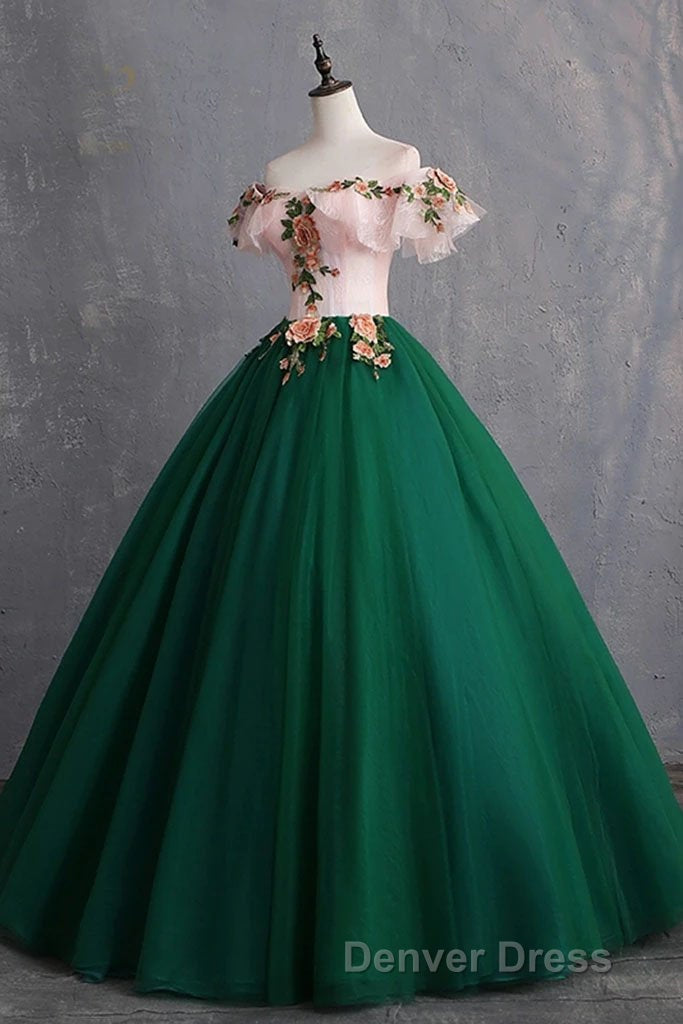 Green Off the Shoulder Floor Length Prom Dresses with Appliques, Puffy Quinceanera Dresses