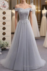 Gray A Line Lace Off Shoulder Prom Dresses, Lace Evening Dresses