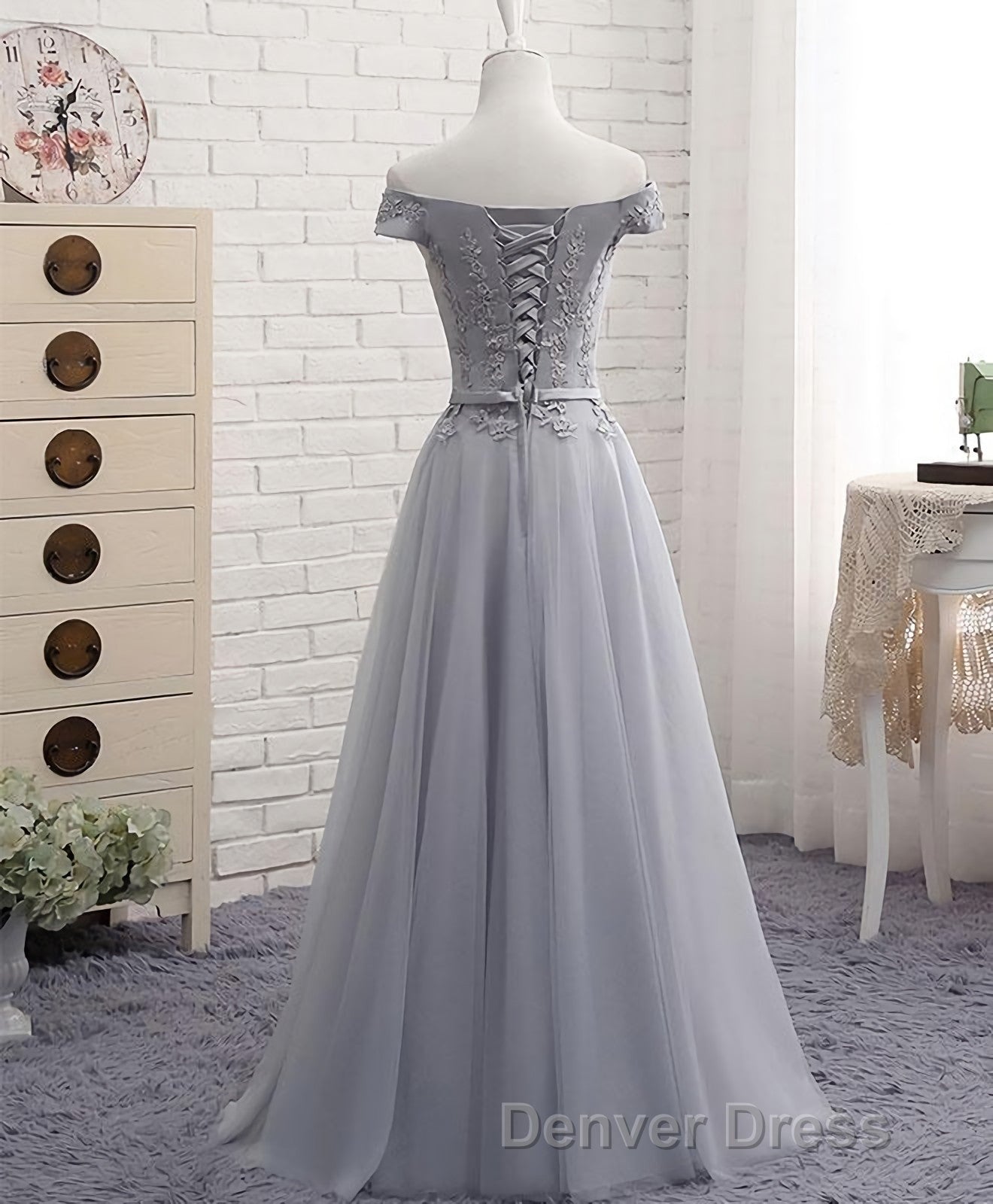Gray A Line Lace Off Shoulder Prom Dresses, Lace Evening Dresses Secondary image