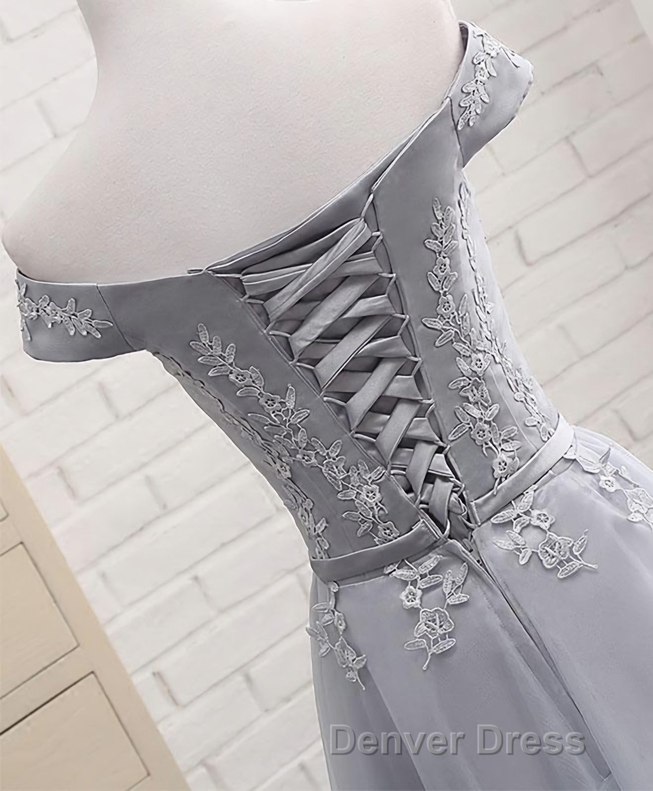Gray A Line Lace Off Shoulder Prom Dresses, Lace Evening Dresses
