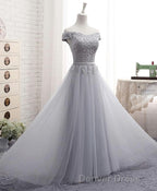 Gray A Line Lace Off Shoulder Prom Dress, Lace Prom Dresses