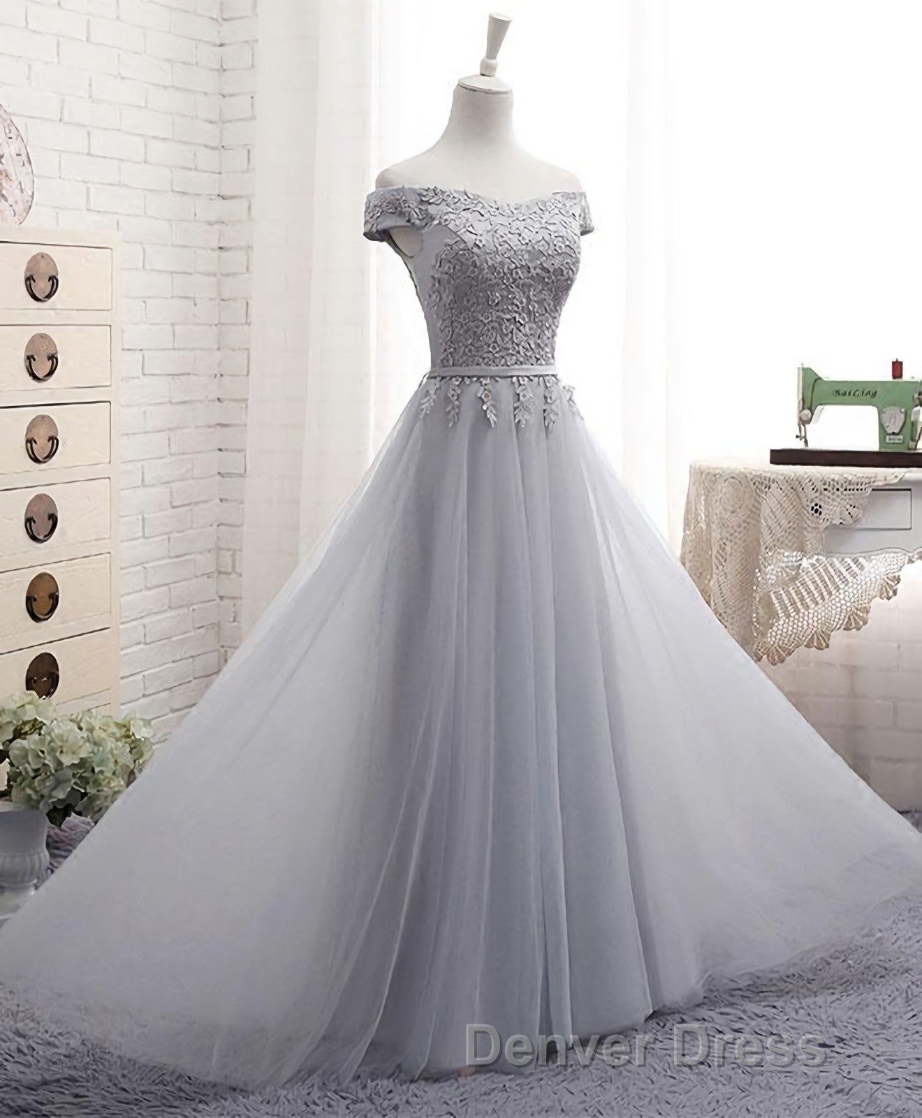 Gray A Line Lace Off Shoulder Prom Dress, Lace Prom Dresses