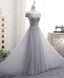 Gray A Line Lace Off Shoulder Prom Dress, Lace Prom Dresses